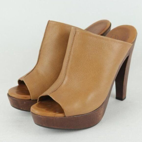 Diane Von Furstenberg Faye Women's Size 6.5 Tan Leather Open Toe Wood Sole Mule - Picture 3 of 10